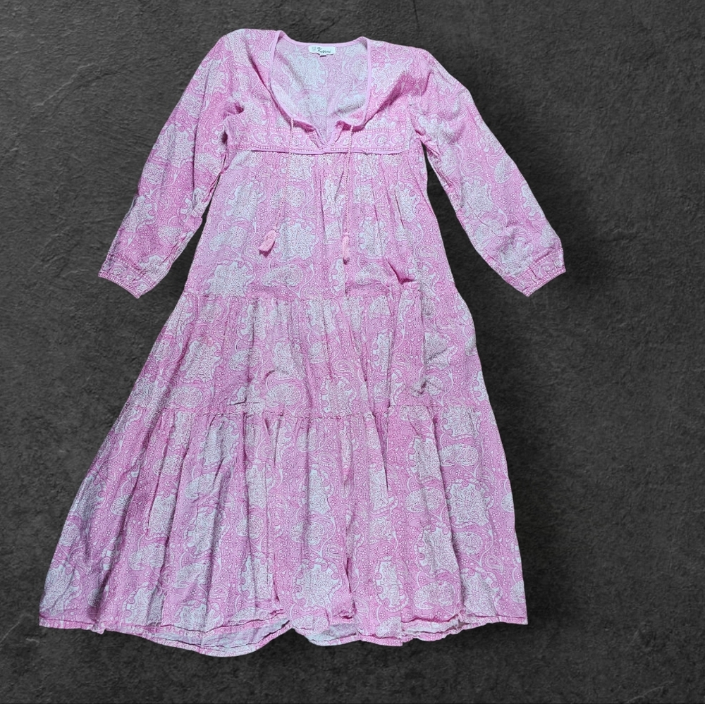 Karni Cotton Bohemian Chic Cottagecore‎ Coastal Pink Floral Maxi Dress XS